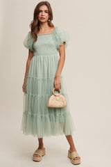 Mint Green Smocked Tiered Tulle Midi Dress