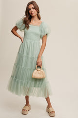Mint Green Smocked Tiered Tulle Midi Dress