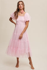 Light Pink Smocked Tiered Tulle Maternity Midi Dress