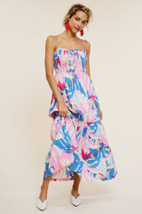 Pink Printed Smocked Bodice Tiered Maxi Dress