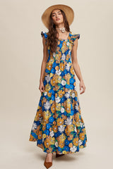 Blue Floral Smocked Tiered Maxi Dress