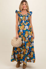 Blue Floral Smocked Tiered Maternity Maxi Dress