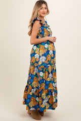 Blue Floral Smocked Tiered Maternity Maxi Dress