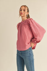 Raspberry Cream Ruffled Balloon Sleeve Top