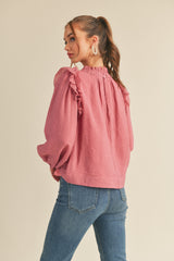 Raspberry Cream Ruffled Balloon Sleeve Top