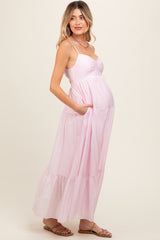 Light Pink Sleeveless Tiered Maternity Maxi Dress