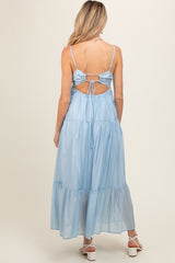 Light Blue Sleeveless Tiered Maternity Maxi Dress