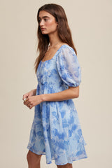 Blue Floral Puff Sleeve Mini Dress