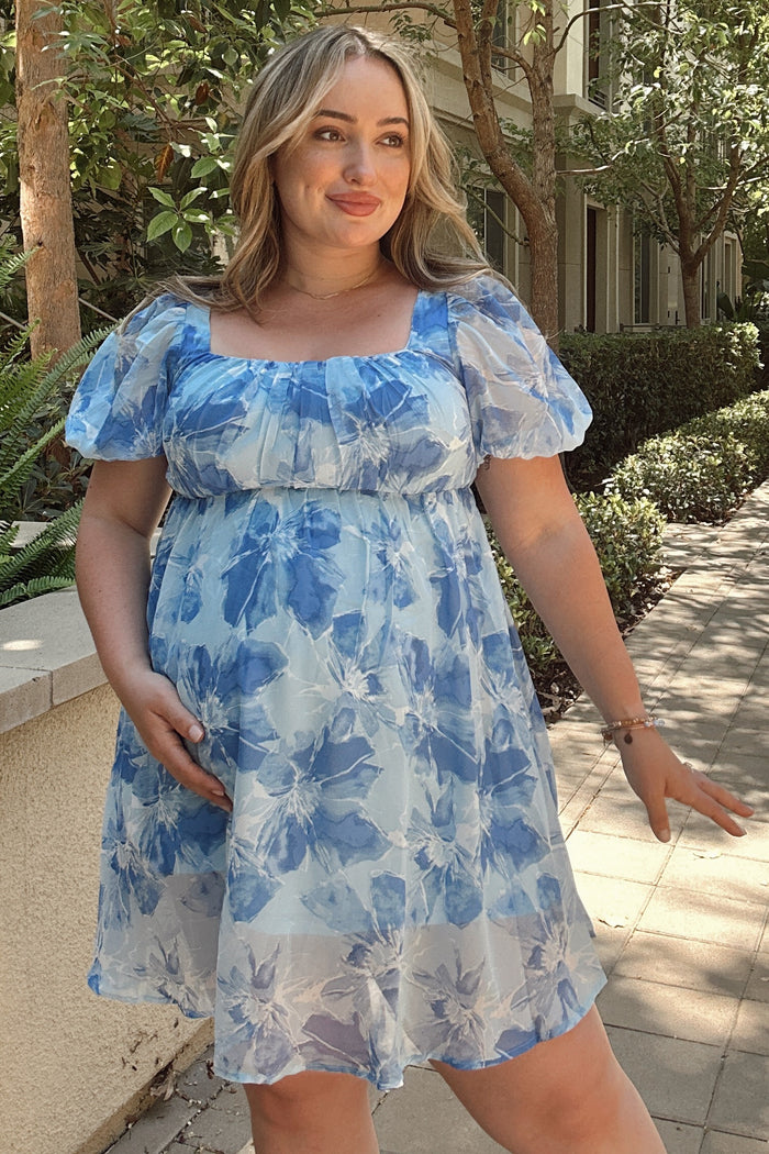 Blue Floral Puff Sleeve Maternity Mini Dress