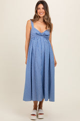 Blue Striped Front Tie Maternity Maxi Dress