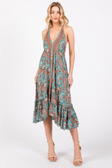 Aqua Floral Paisley Cut-Out Back Halter Dress