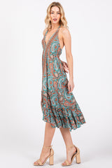 Aqua Floral Paisley Cut-Out Back Halter Dress