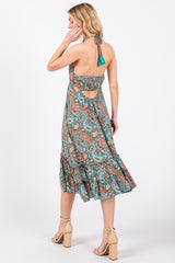 Aqua Floral Paisley Cut-Out Back Halter Dress