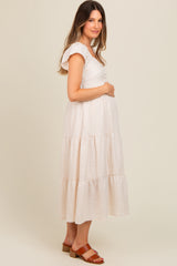 Ivory Textured Sweetheart Neck Short Puff Sleeve Tiered Maternity Midi Dress