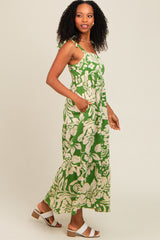 Green Tropical Floral Shoulder Tie Tiered Midi Dress