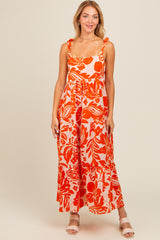 Orange Tropical Floral Shoulder Tie Tiered Maternity Midi Dress