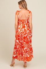 Orange Tropical Floral Shoulder Tie Tiered Maternity Midi Dress