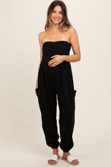 Black Strapless Ruched Top Maternity Jumpsuit