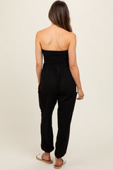 Black Strapless Ruched Top Maternity Jumpsuit