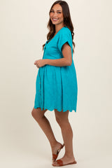 Turquoise Eyelet Button Front Short Sleeve Maternity Dress