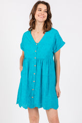 Turquoise Eyelet Button Front Short Sleeve Maternity Dress