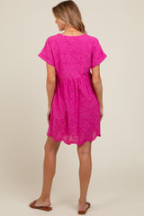 Fuchsia Eyelet Button Front Short Sleeve Maternity Dress