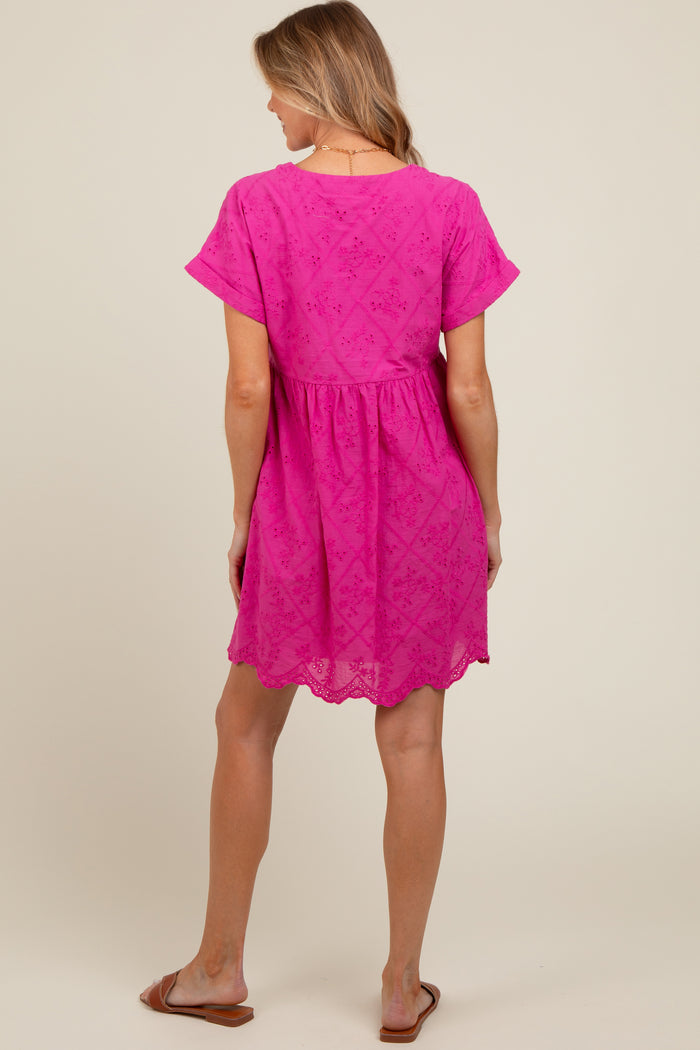 Fuchsia Eyelet Button Front Short Sleeve Maternity Dress