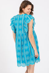Turquoise Embroidered Flutter Sleeve Dress