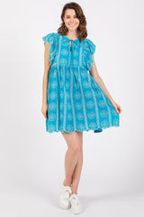 Turquoise Embroidered Flutter Sleeve Dress