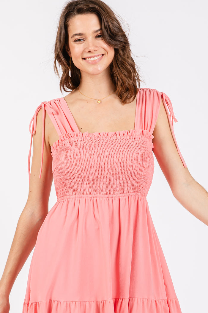 Coral Smocked Sleeveless Drawstring Shoulder Tiered Midi Dress