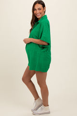 Green Textured Button Front Short Sleeve Maternity Romper