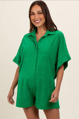 Green Textured Button Front Short Sleeve Maternity Romper