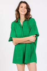 Green Textured Button Front Short Sleeve Romper