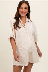 Cream Textured Button Front Short Sleeve Maternity Romper