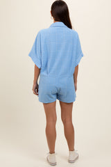 Light Blue Textured Button Front Short Sleeve Maternity Romper