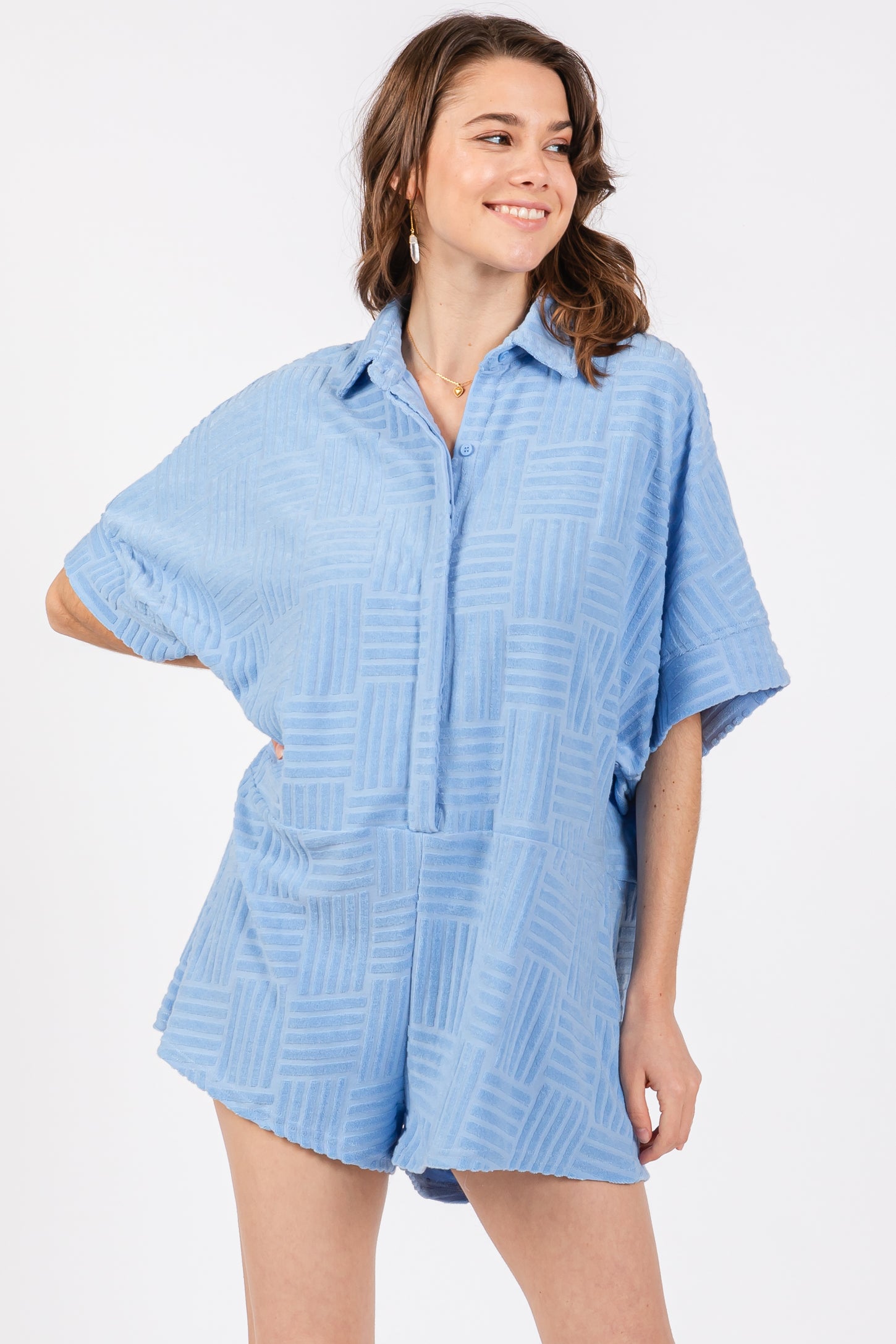 Light Blue Textured Button Front Short Sleeve Maternity Romper