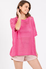 Fuchsia Crochet Knit Short Dolman Sleeve Maternity Top