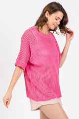 Fuchsia Crochet Knit Short Dolman Sleeve Top