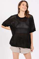 Black Crochet Knit Short Dolman Sleeve Top