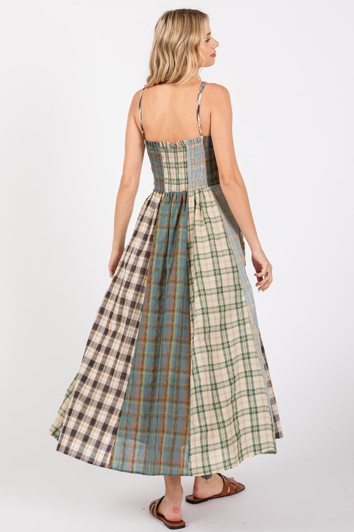 Light Olive Mixed Plaid Maxi Dress