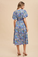 Blue Multi Floral Printed Crew Neck Puff Sleeve Midi Dress