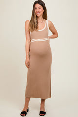 Taupe Ribbed Square Neck Side Slit Maternity Dress