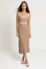 Taupe Ribbed Square Neck Side Slit Maternity Dress