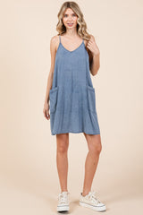 Blue Chambray Front Pocket Maternity Dress