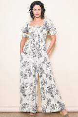 White Floral Smocked Square Neck Wide Leg Maternity Jumpsuit