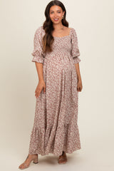 Cream Sweetheart Neck Smocked Ruffle Hem Maternity Maxi Dress