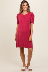 Burgundy Washed Ribbed Puff Sleeve Maternity Dress