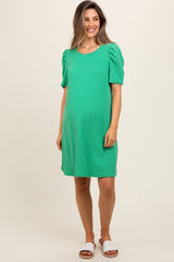 Green Washed Ribbed Puff Sleeve Maternity Dress