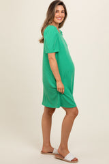 Green Washed Ribbed Puff Sleeve Maternity Dress