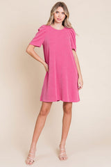 Fuchsia Washed Ribbed Puff Sleeve Maternity Dress